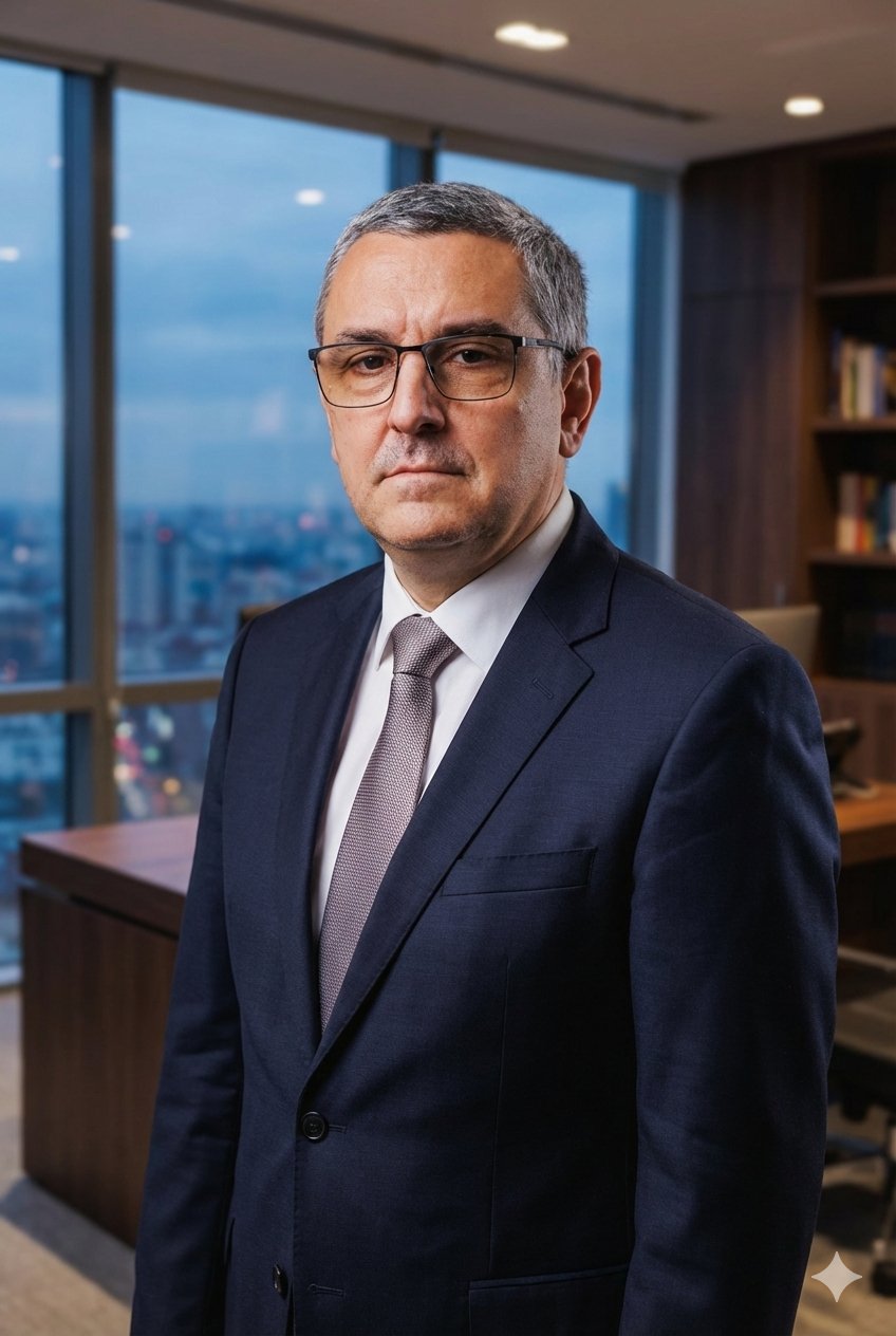 Poză generată cu AI, costum, birou corporativ