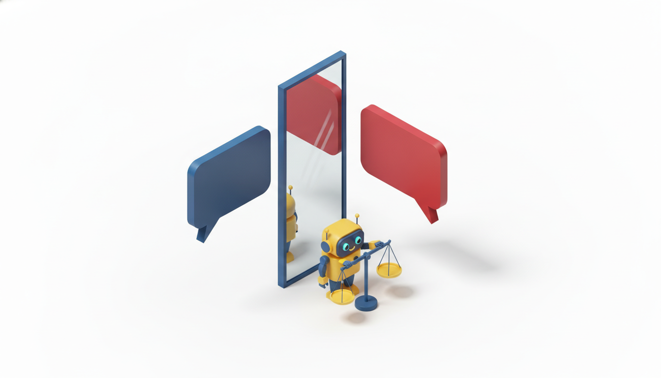 Ilustrație 3D: o bulă de conversație albastră se reflectă roșie într-o oglindă, iar un robot ține o balanță dreaptă, simbol al întrebării puse din locul celuilalt.
