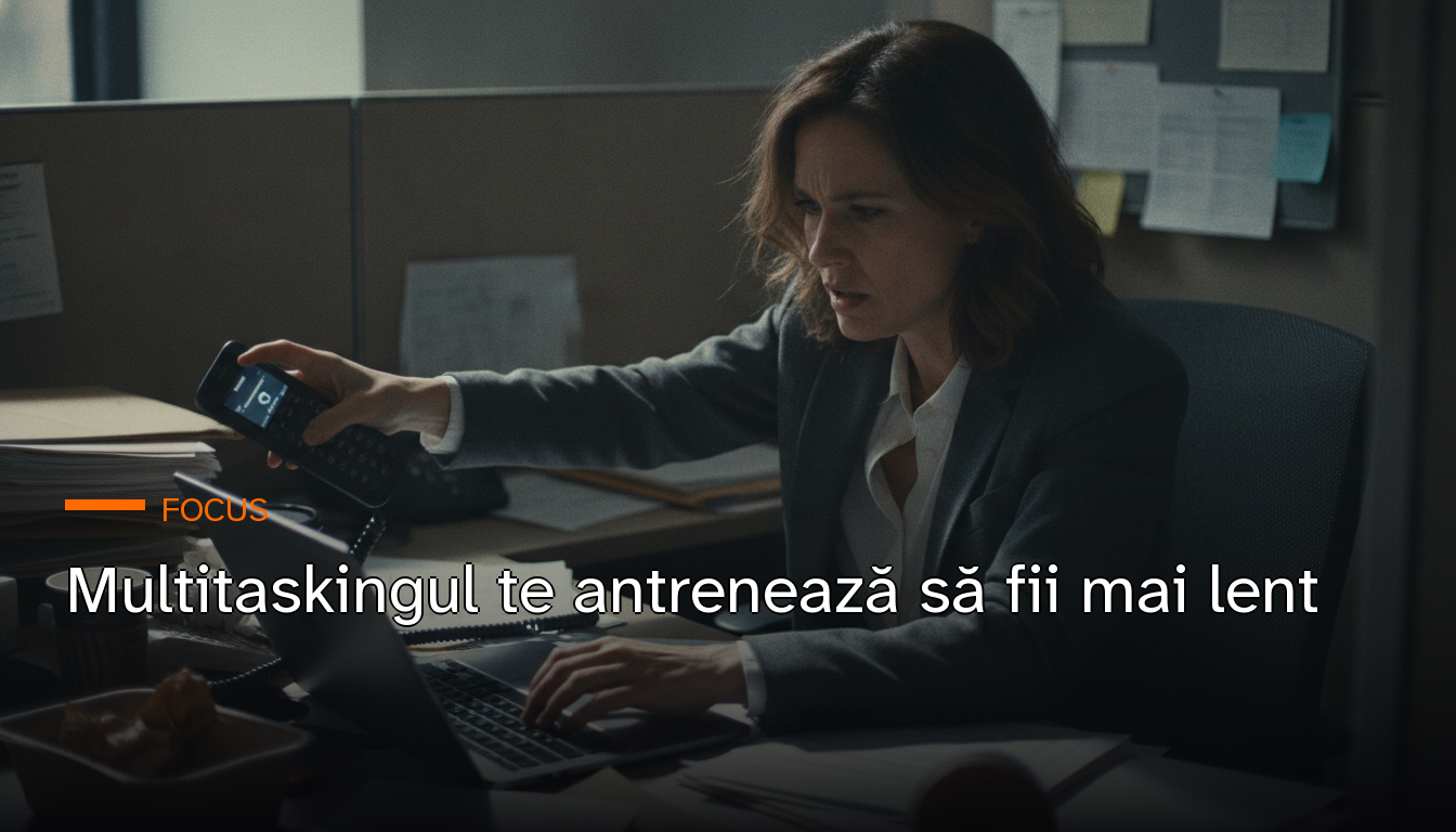Fotografie cinematică: o profesionistă la birou, ținând un telefon între umăr și ureche în timp ce scrie pe laptop și întinde mâna spre un al doilea telefon — pe copertă, titlul articolului despre mul