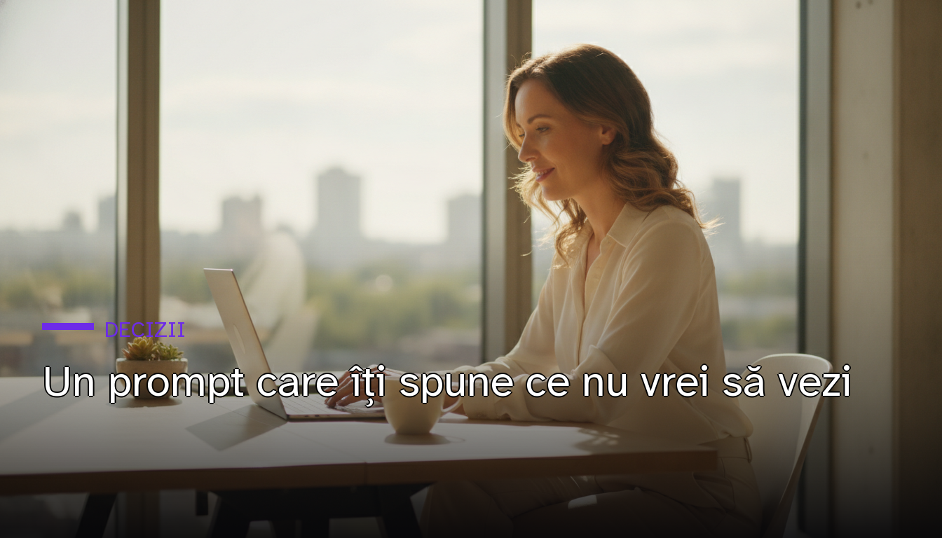 Fotografie cinematică, luminoasă: o femeie zâmbind ușor, concentrată la laptop lângă o fereastră mare cu lumină de zi — pe copertă, titlul articolului despre prompt-ul care arată ce nu vrei să vezi.