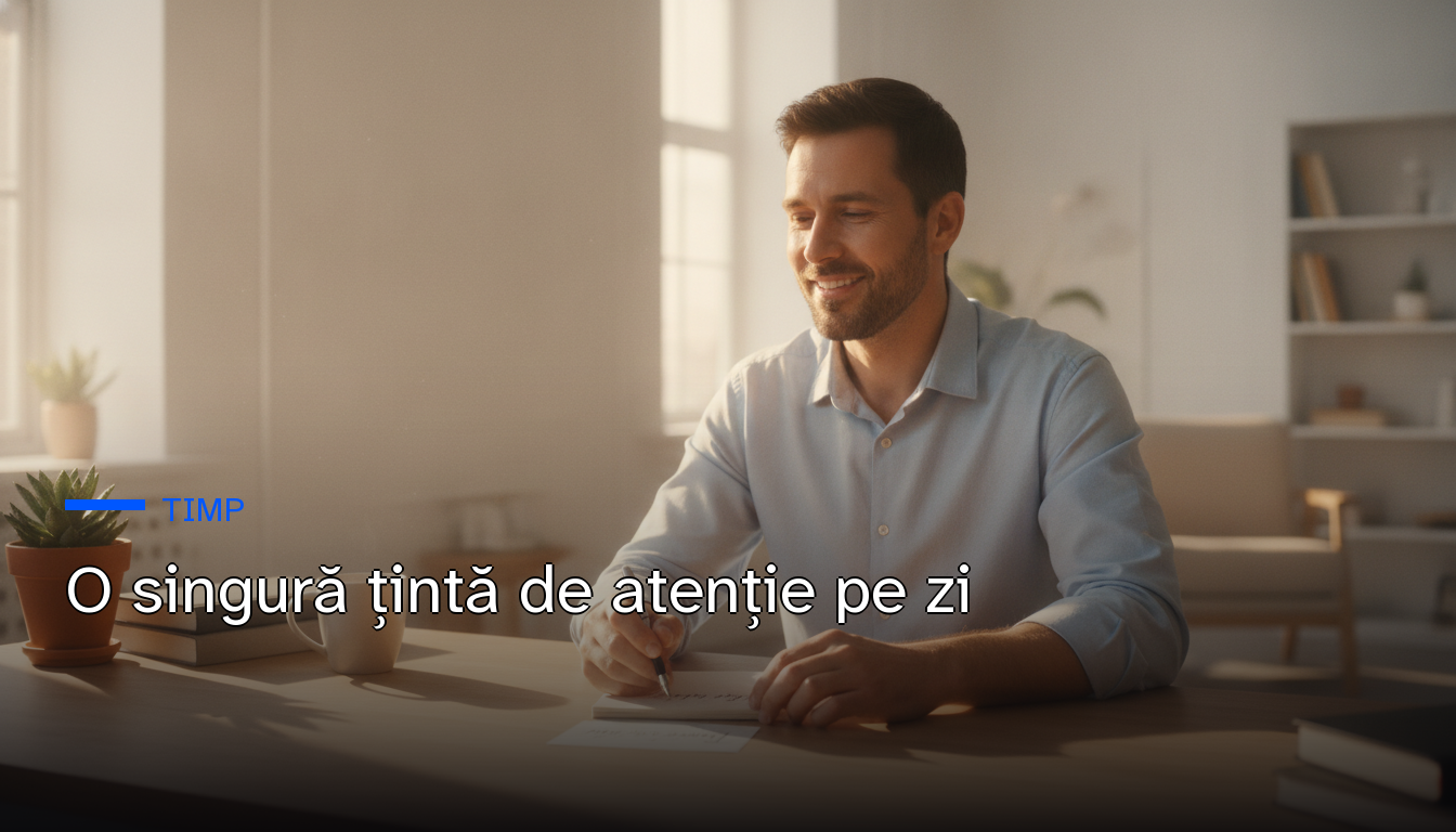 Fotografie cinematică, luminoasă: un bărbat zâmbind, scriind calm o notiță la o masă curată, lumină caldă de dimineață — pe copertă, titlul articolului despre o singură țintă de atenție pe zi.