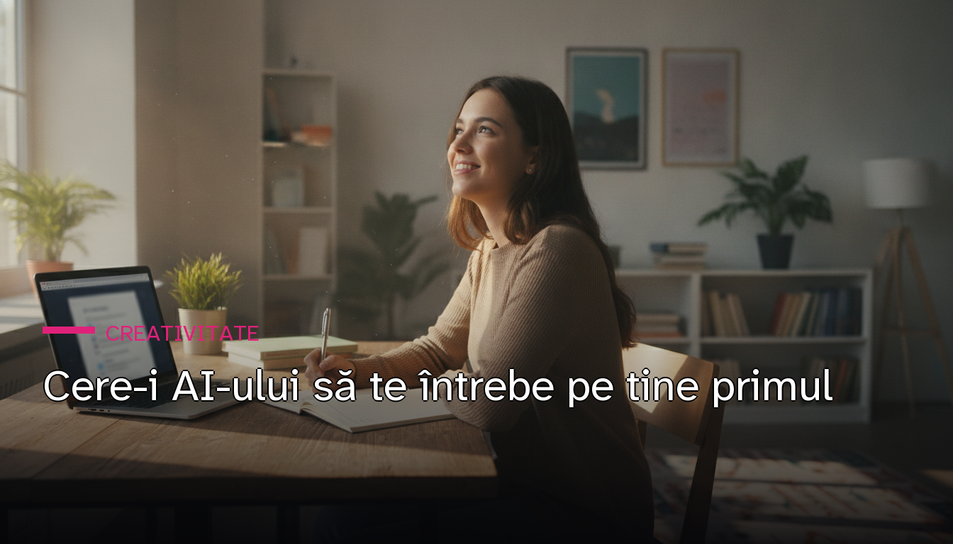Fotografie cinematică, luminoasă: o tânără zâmbind, cu pixul în mână, gândindu-se la un răspuns lângă laptopul deschis — pe copertă, titlul articolului despre a fi întrebat înaintea răspunsului.