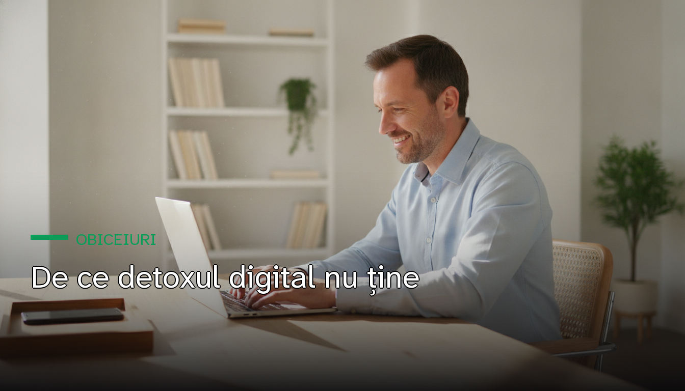 Fotografie cinematică, luminoasă: un bărbat zâmbind, lucrând la laptop, cu telefonul așezat deliberat într-o tăviță la marginea biroului — pe copertă, titlul articolului despre detoxul digital.