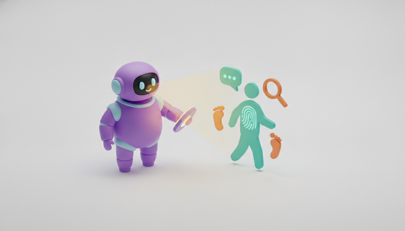 Un robot 3D luminează cu un felinar o siluetă umană formată din pictograme — amprentă, bulă de discuție, pași — simbol al tiparelor pe care un AI le deduce dintr-o conversație.
