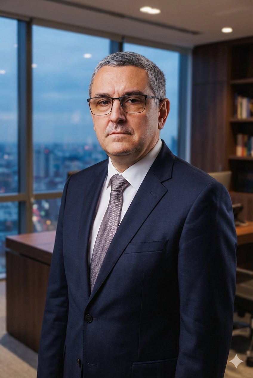 Poză generată cu AI, costum, birou corporativ